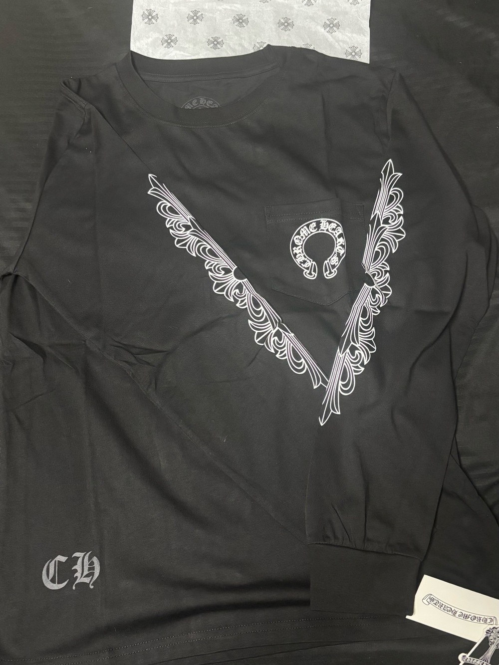 Chrome Hearts Black Long Sleeve Tee with White Wing Graphic